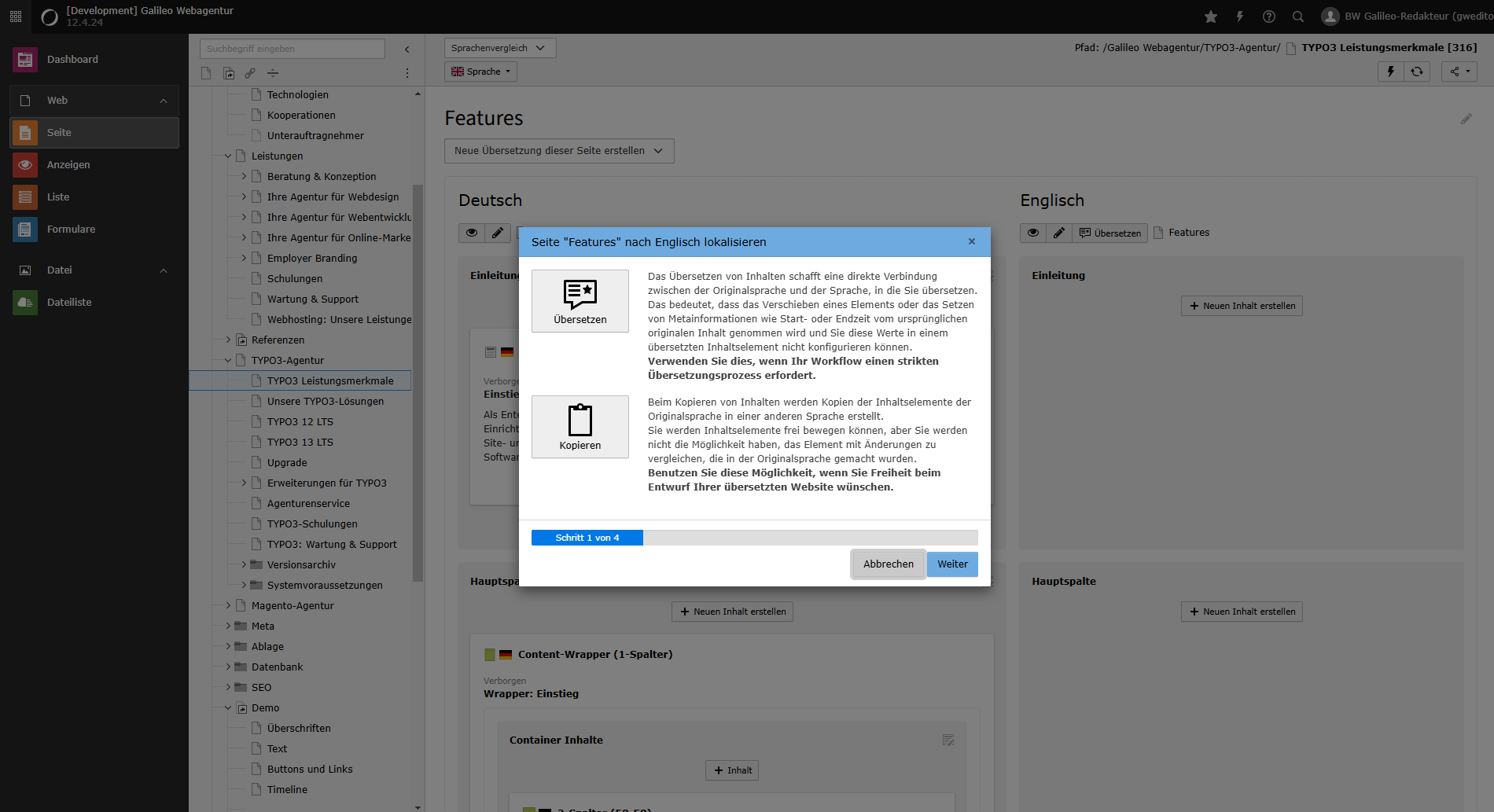 Screenshot TYPO3 Übersetzungsassistent