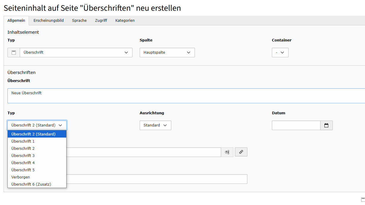 TYPO3 Eingabemaske für Überschriften
