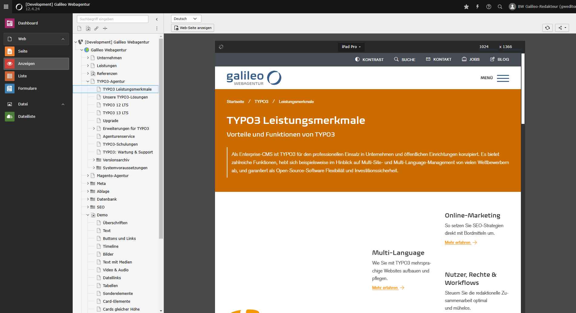 Screenshot TYPO3 Seitenvorschau