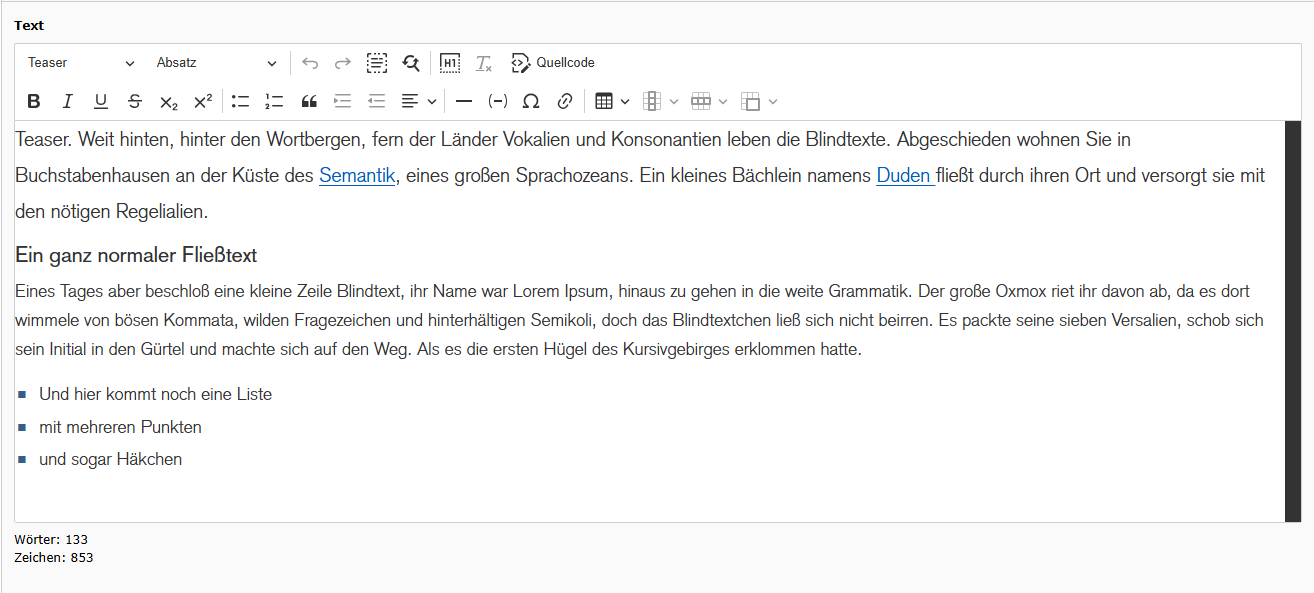 Screenshot TYPO3 Rich Text Editor