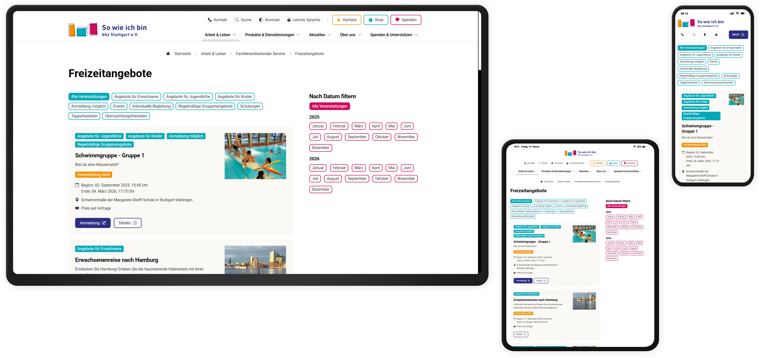 Freizeitangebote Mockup der bhz-Website: Freizeitangebote