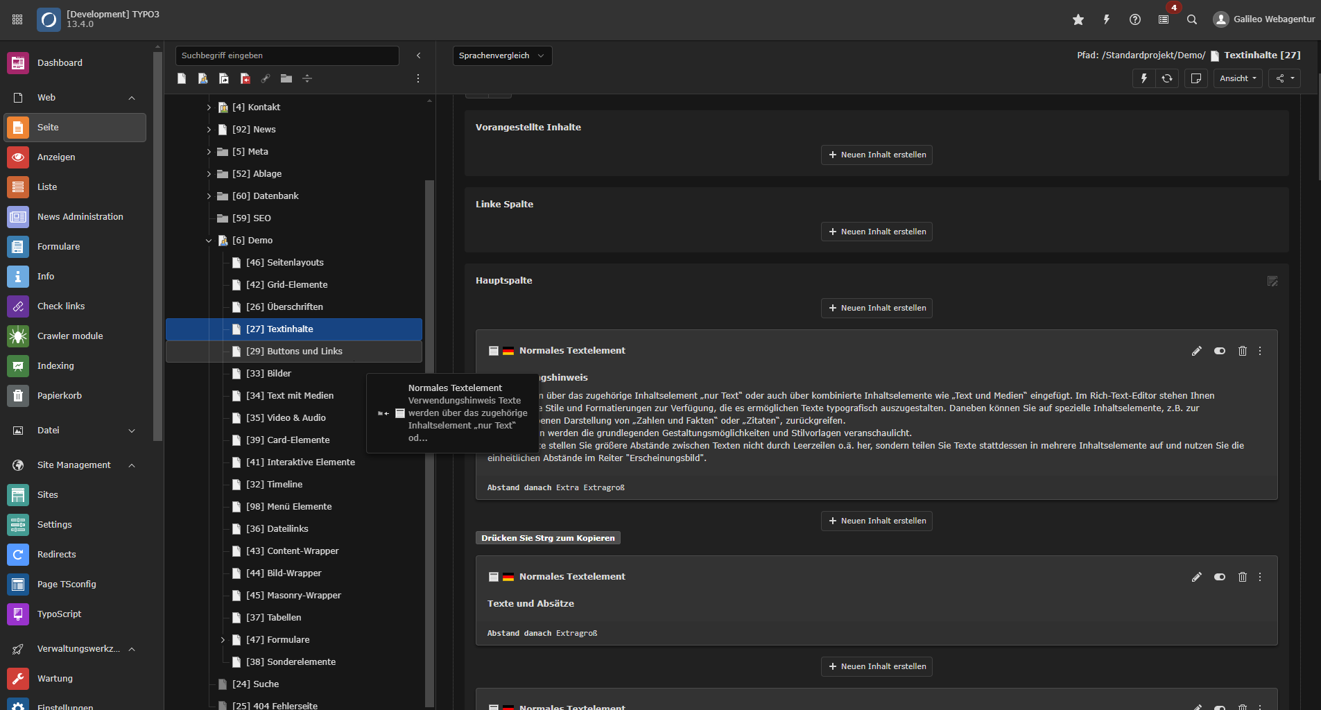 Screenshot von Drag and Drop im Seitenbaum