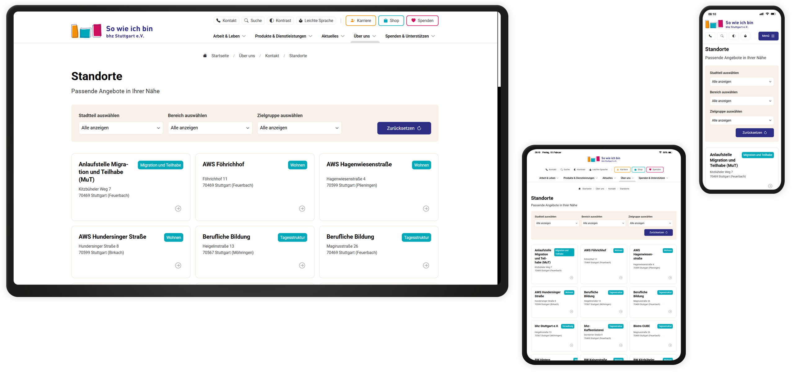 Standort-Filter Mockup der bhz-Website: Standort-Liste mit Filter